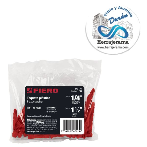 HERRALUM TAQUETE DE PLASTICO ROJO 1/4 (BOLSA CON 50 PZAS)
